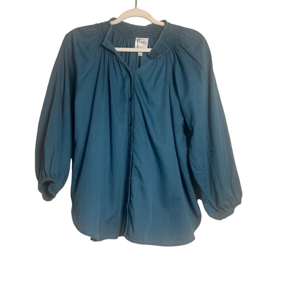 Finley 100% Cotton Teal Cottagecore Lagenlook Blouse Smocked Neckline Sz XS